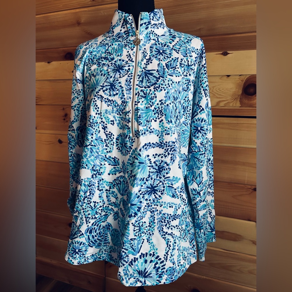 Lilly Pulitzer Popover White,  Aqua, Teal & Navy Floral Accents